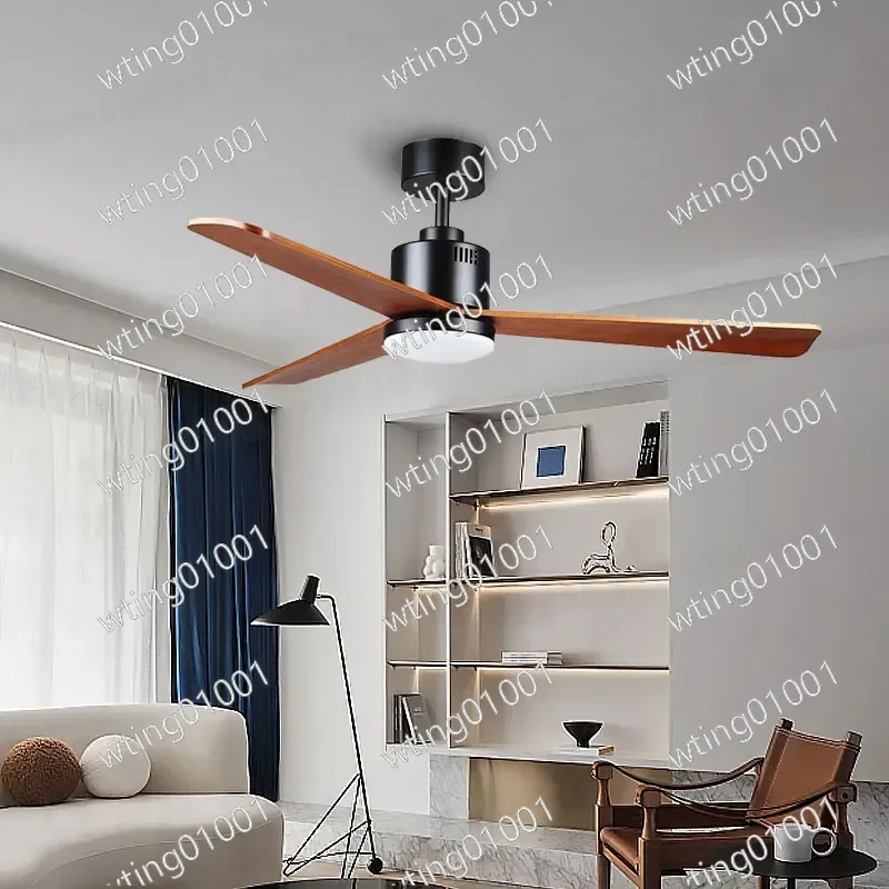 for European American Style Solid Wood Ceiling Fan Light Intelligent Frequency Conversion Silent Retro Design for Living Room