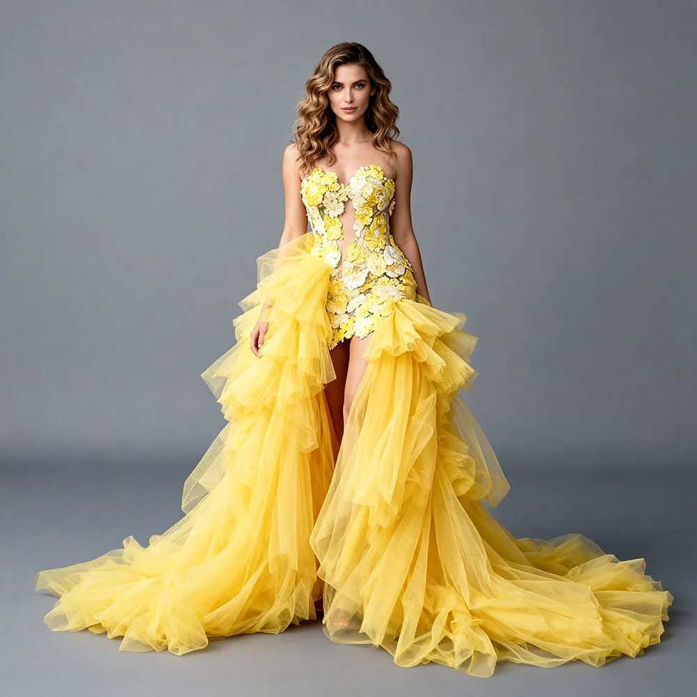 

Luxury Yellow Tulle Photography Dress Handmade Floral Appliqué Front Slit Gown Formal Occasion Dress for Photo Shoot YEWEN
