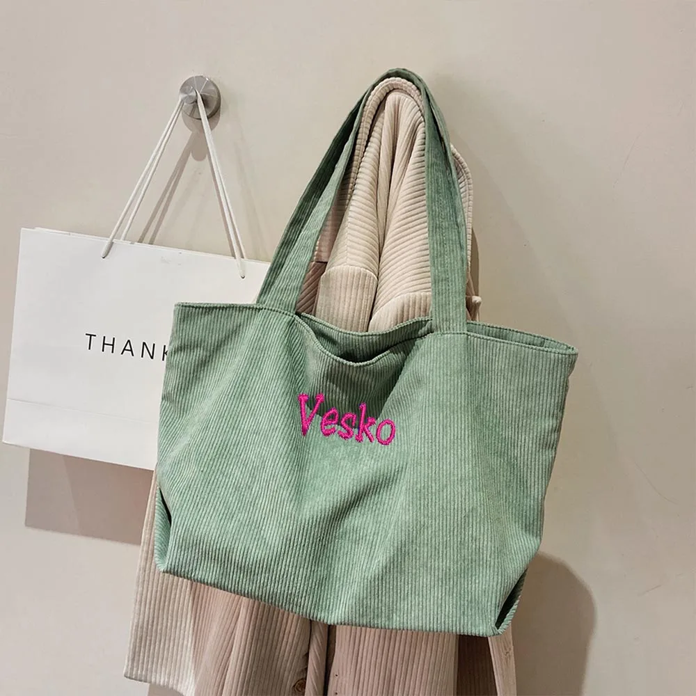 

Personalized Embroidered Korean Version Large Capacity Shopping Bag Casual Art Canvas Handbag Simple Retro Corduroy Shoulder Bag