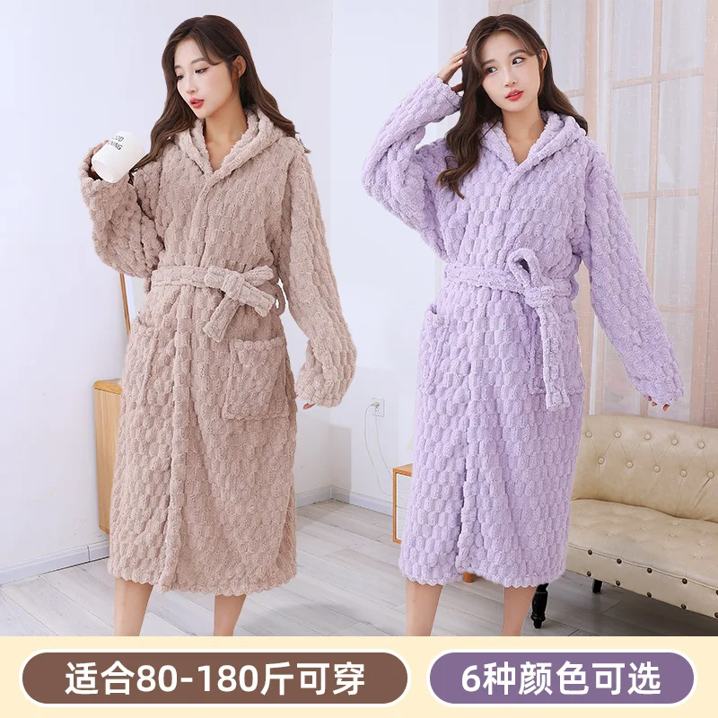 Autumn and winter cloud grid home couple pajamas women can wear loose bath towels coral fleece thickened long-sleeved bathrobes