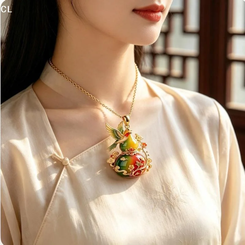 AttireTroveGold Plated Gourd Pendant Necklace Enamel Bird Floral Daily Wear Anniversary Birthday Gifts For Women