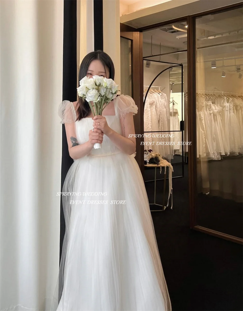 SPRAYING elegante vestido de novia largo de tul sesión de fotos de Corea cuello cuadrado vestido de novia de manga corta corsé personalizado nneinize