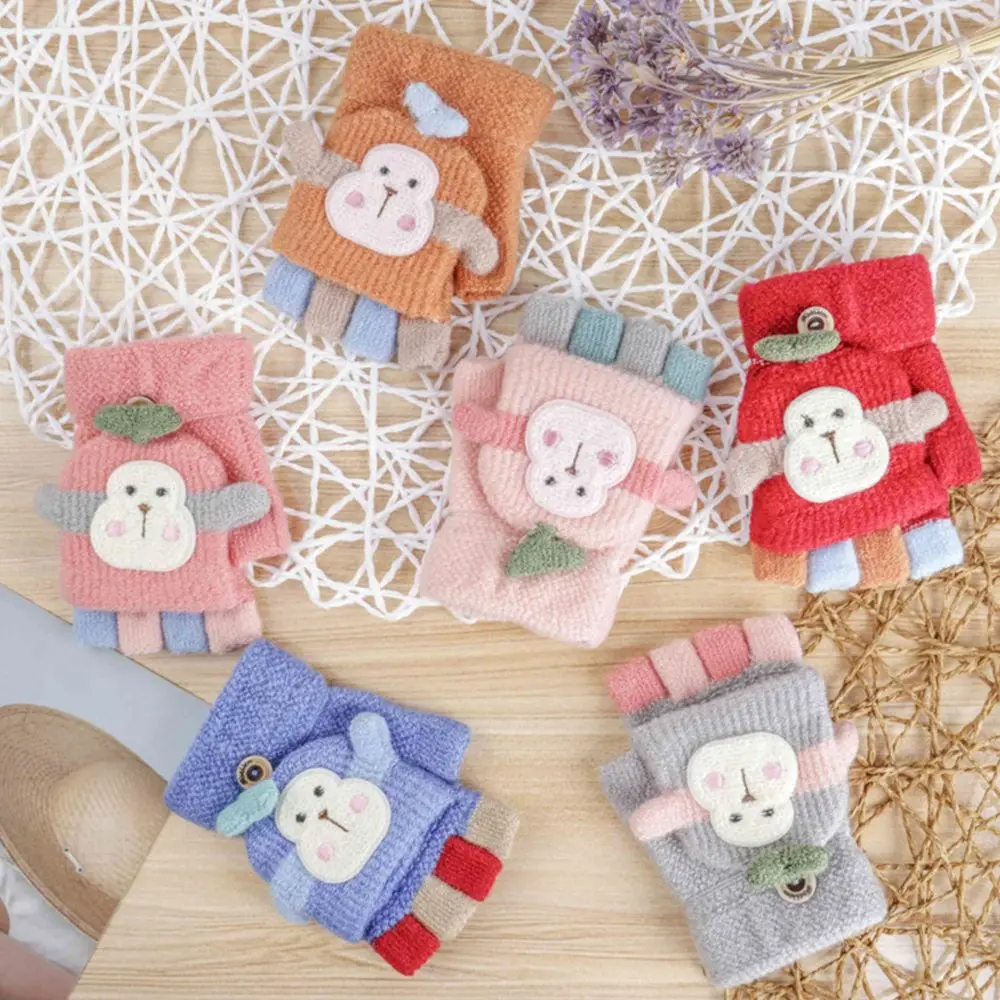 

Monkey Cartoon Design Girls Student Knitted Gloves Clamshell Half Finger Gloves Fingerless Gloves Winter Warm Mittens