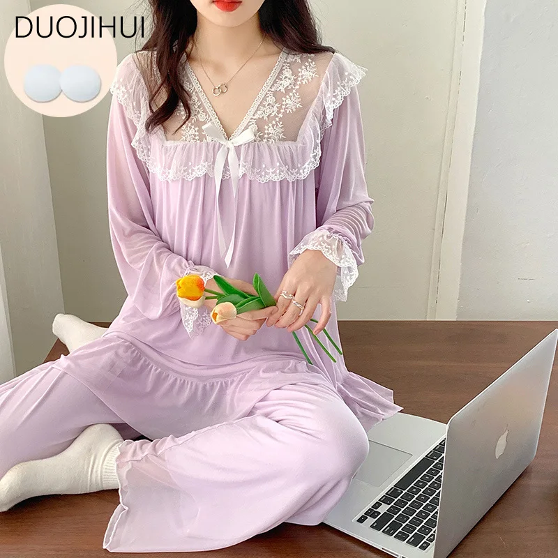 Duojihui Chicly Kant Zoete Tweedelige Vrouwelijke Pyjama Sets Lente Basis Lange Mouw Pullover Eenvoudige Broek Mode Pyjama Voor Dames