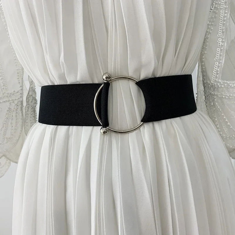 

Belts for Women Black Simple Waist Elastic Ladies Band Round Buckle Decoration Coat Sweater Fashion Dress Rice White