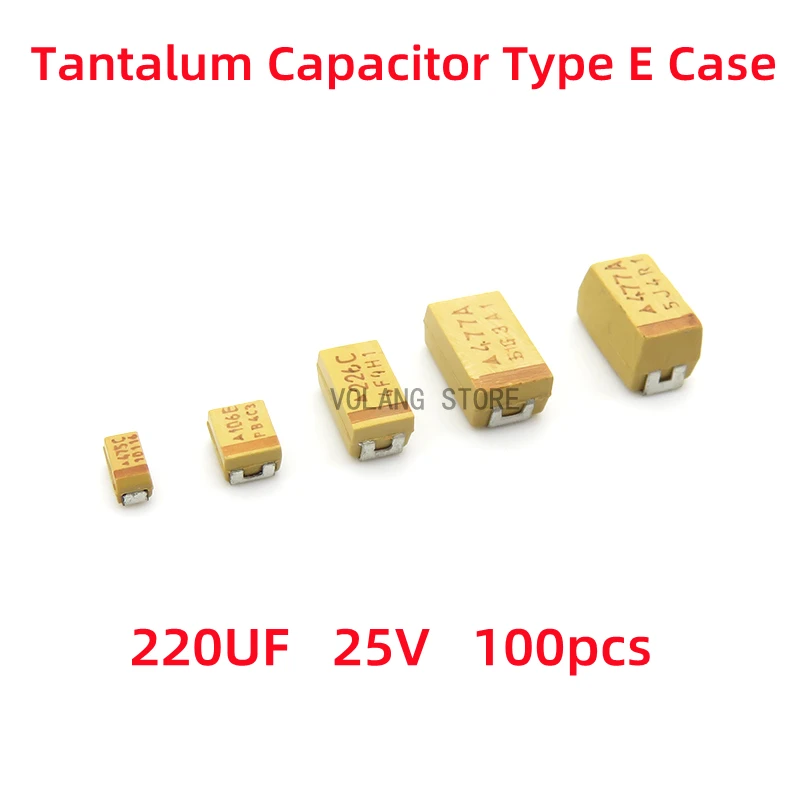 

100Pcs/LOT Tantalum Capacitor Type E Case 7343 220UF 25V 227E SMD 7.3mm*4.3mm*4.1mm