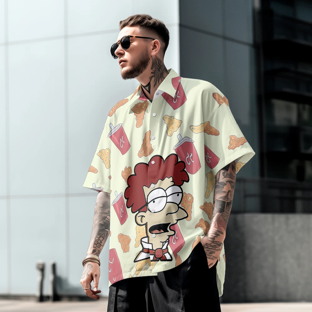 

Summer casual oversized short sleeved shirt with cartoon print, loose Hawaiian beach trendy and comfortable single row buttons