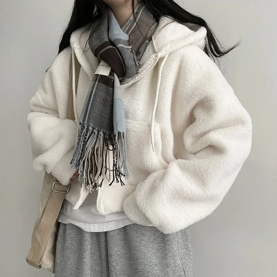 

Women's Thiened Warm Cotton Jaet Autumn Winter Coat Chic Furry Lamb Skin Zipper Hooded Coat Long Sve Commute Sle
