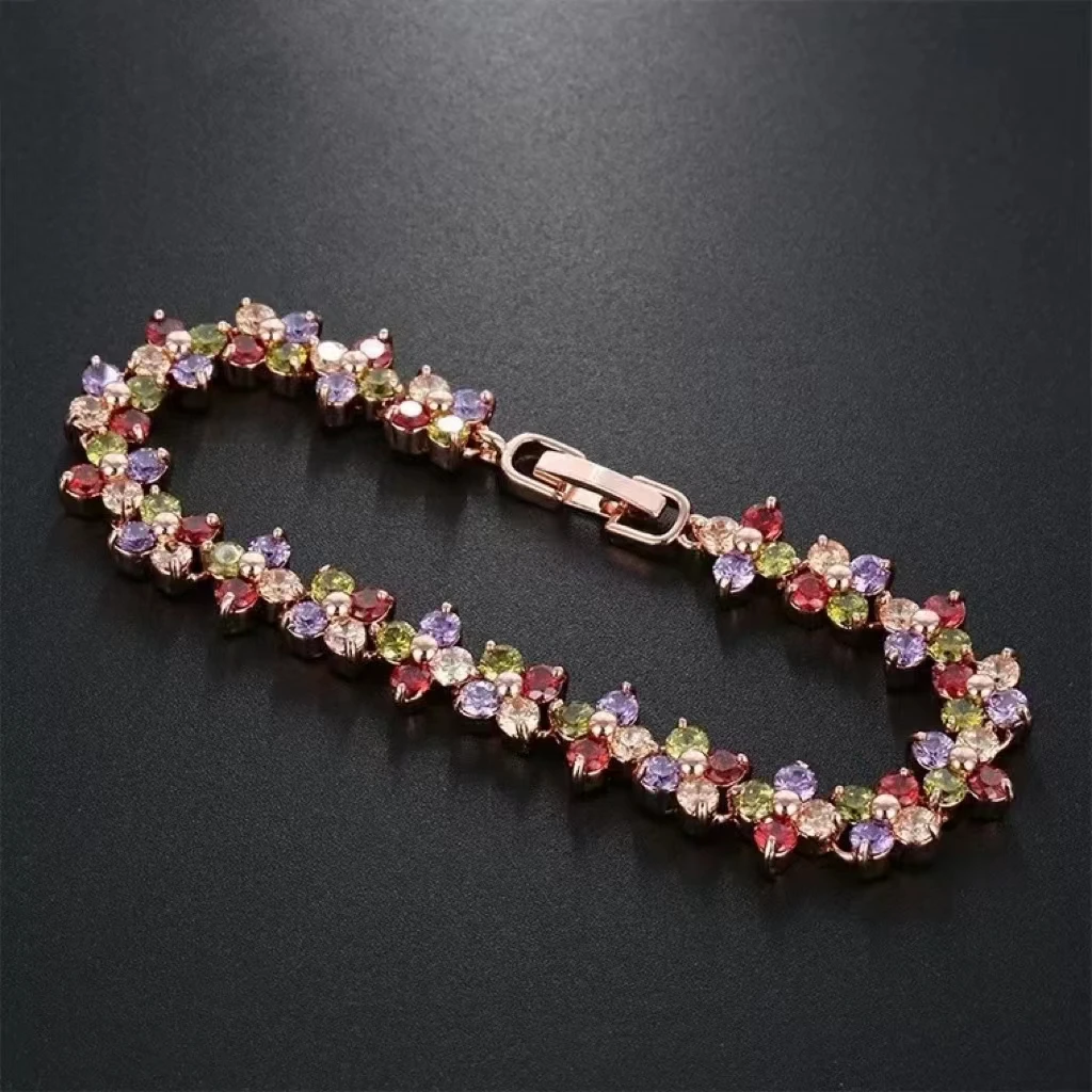 SUGU Fashion Charming Shiny 4-petal Flower Multicolor Zirconia Bracelets for Young Ladies Dinner Party Jewelry Accessories