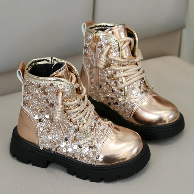 Bling Gold Short Boots for Girl Round Toe Shine Sequin Side Zipper Outdoors Shoes Thick Bottom Chunky Heel Kidd Princess Boots