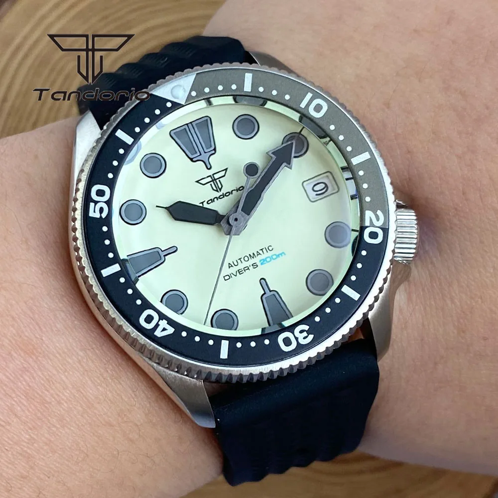 Tandorio Full Green Luminous Dive NH36 37mm Automatic Watch for Men 3.8 Crown Sapphire Crystal 20bar Wristwatch 120-Click Bezel