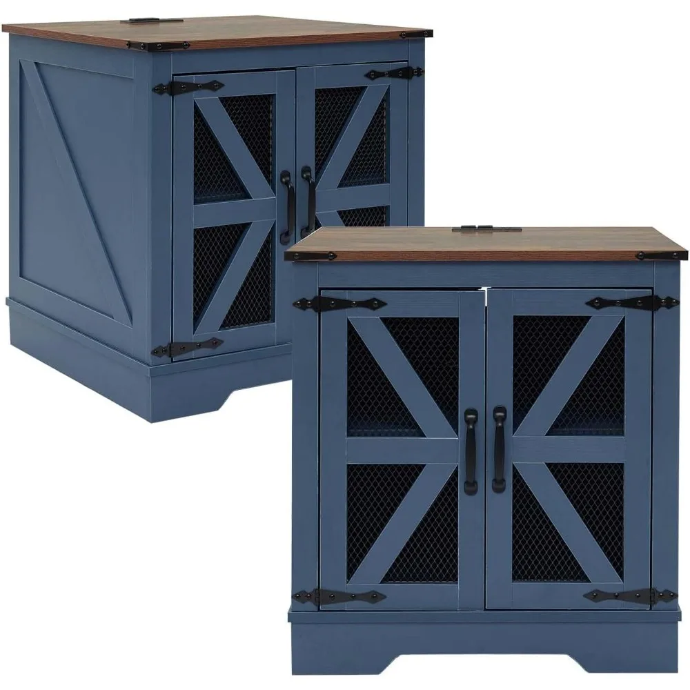 

Set of 2 Farmhouse End Tables, Charging Station & Mesh Barn Door, Rustic Brown for Multi-Room