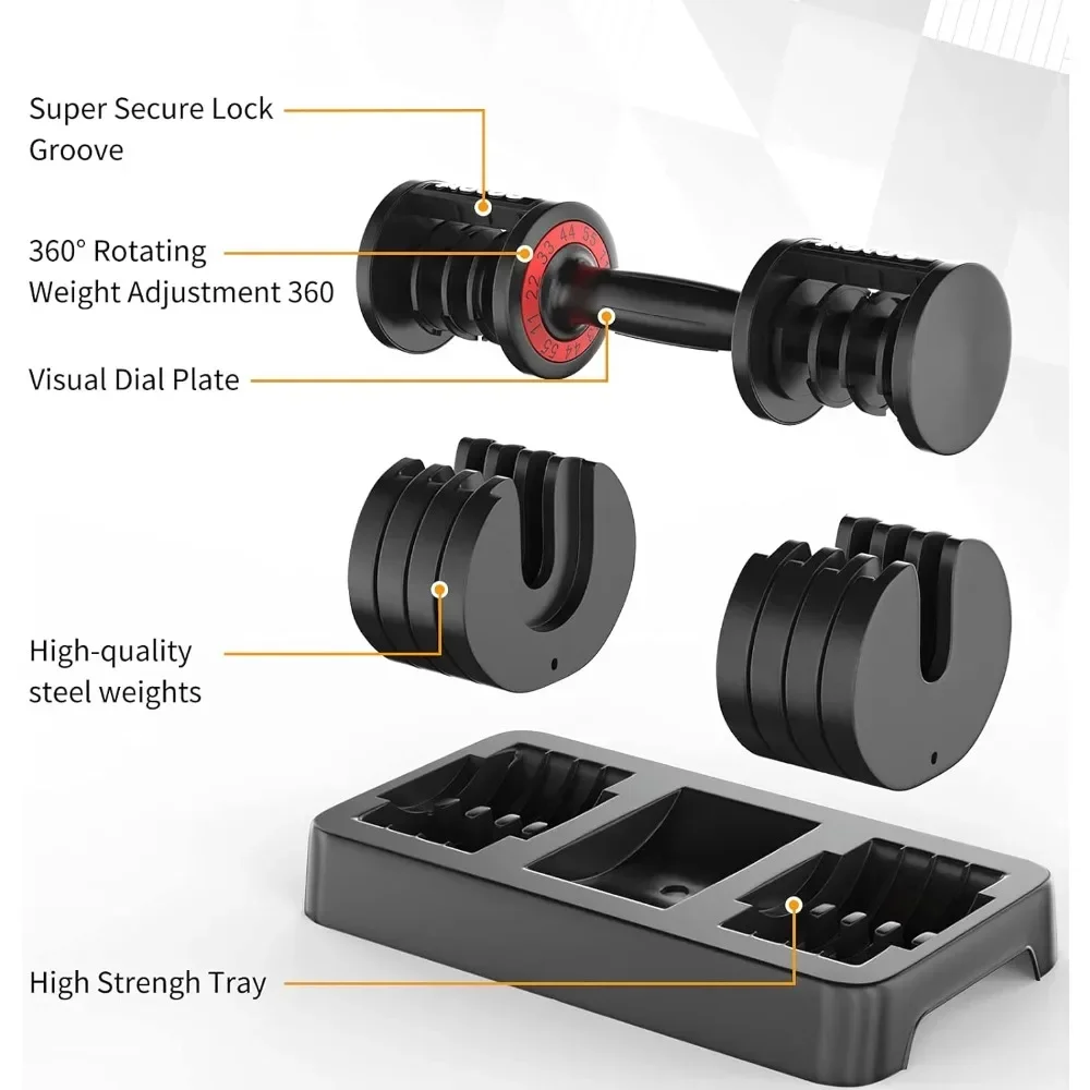 25/55 lbs Pair Adjustable Dumbbells Set, with Anti-Slip Fast Adjust Weight by Turning Handle,Black Dumbbell with Tray