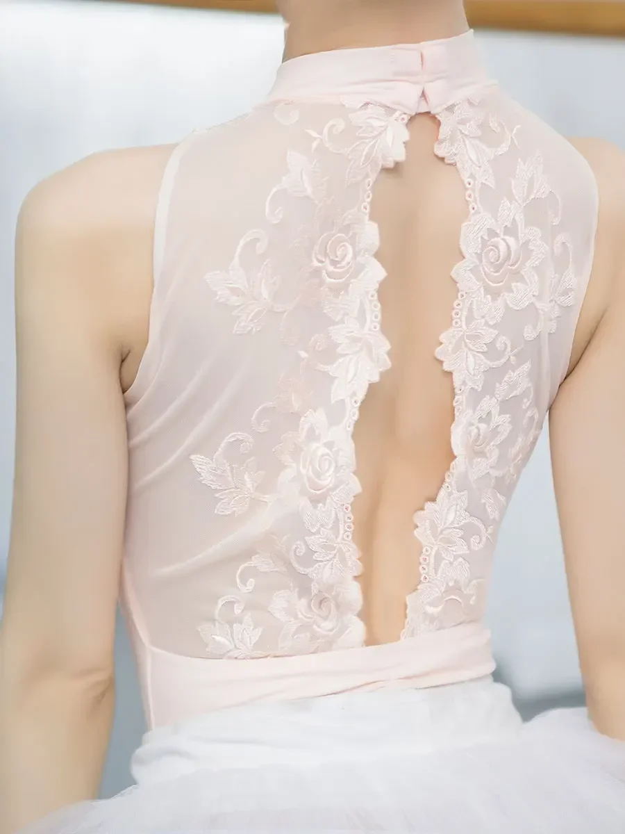 Gola alta linda renda bordada costas bodysuit adulto ballet collant para meninas roupas wowen ginástica collants