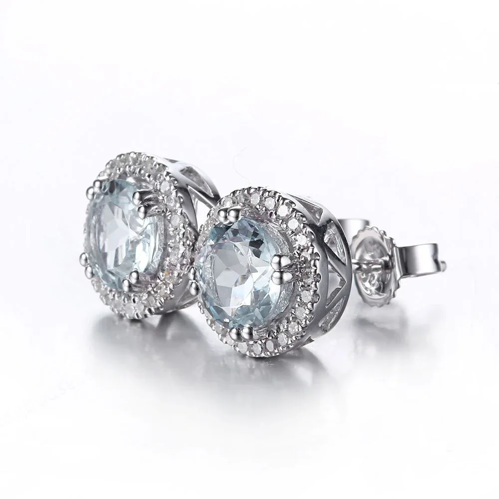 HELON Women Diamonds Stud Earrings Solid 14k 10K White Gold 6mm Round Natural Aquamarine Diamonds Engagement Earrings Gift