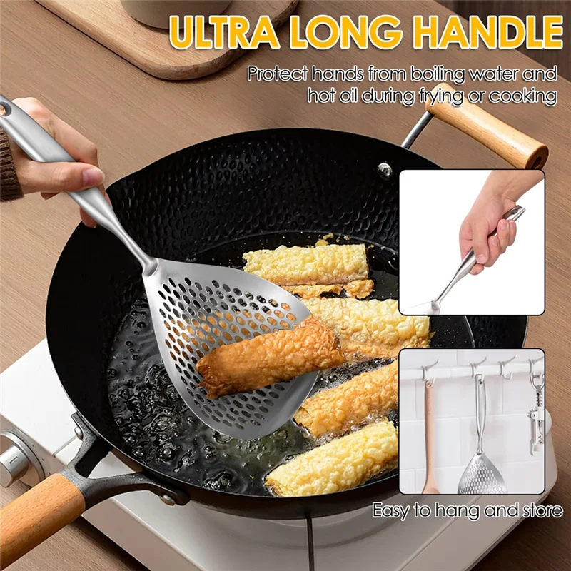 AB33-Slotted Spoon 304 Stainless Steel Skimmer Spoon With Long Handle Efficient Skimmer Ladle Multifunctional Strainer Spoon
