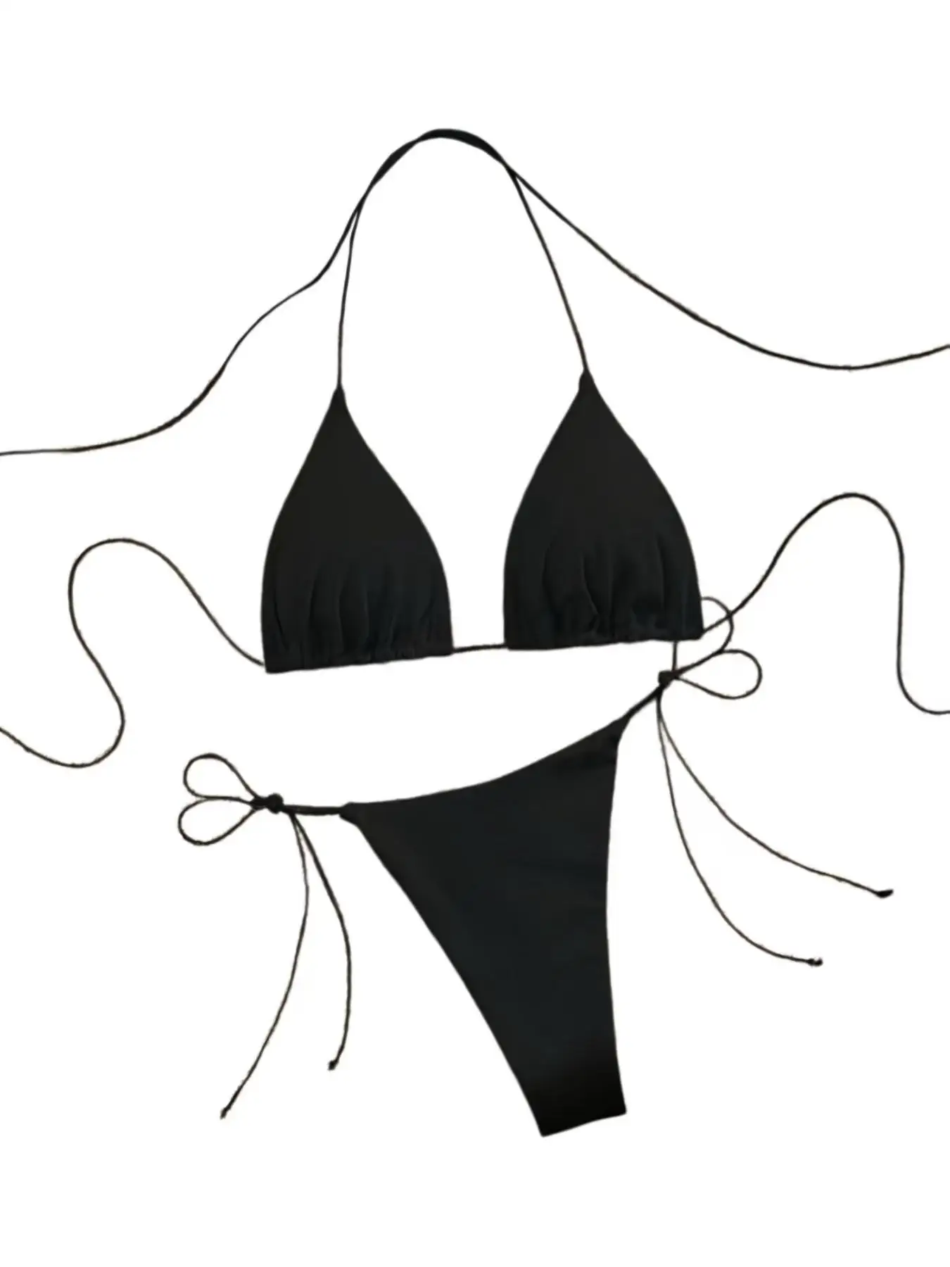 2025 Black Triangle Halter Bikini Set Women Sexy Tie Side Thong Bathing Suit view 6