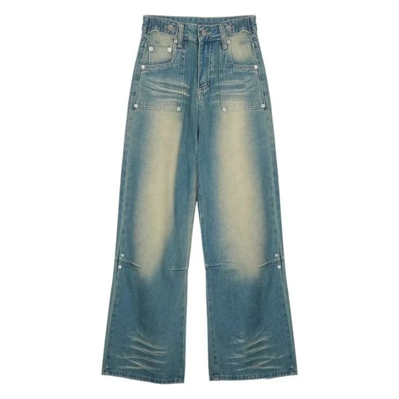 Imagem -06 - Calça Jeans Azul Cintura Alta Feminina Calça Jeans Larga Calça de Perna Larga Reta Streetwear Vintage Moda Casual Estilo Y2k 2024