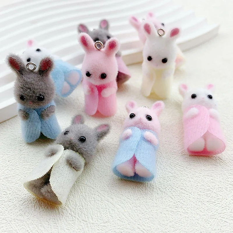 1PCS Kawaii 3D Flocking Rabbit Charm Cute Rabbit Earring Keychain Pendant DIY Accessories