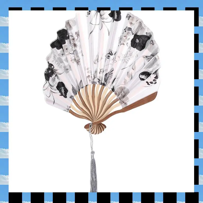 

ABME Chinese Gray Peony Blossom Fabric Bamboo Folding Dancing Hand Fan White