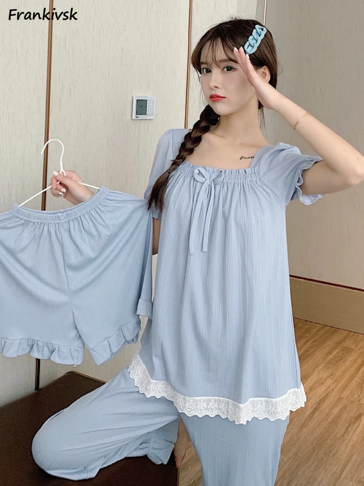 

Pajama Sets Women Spring 3pcs Casual Sweet Breathable Comfortable Half Sleeve Fashion Aesthetic Popular Simple Homewear College