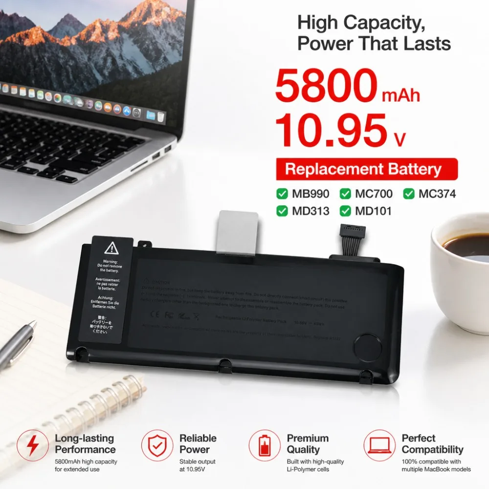 5800mAh High Capacity Laptop Battery for Apple MacBook Pro 13 A1322 A1278 MB990 MC700 Replacement Notebook Accessories