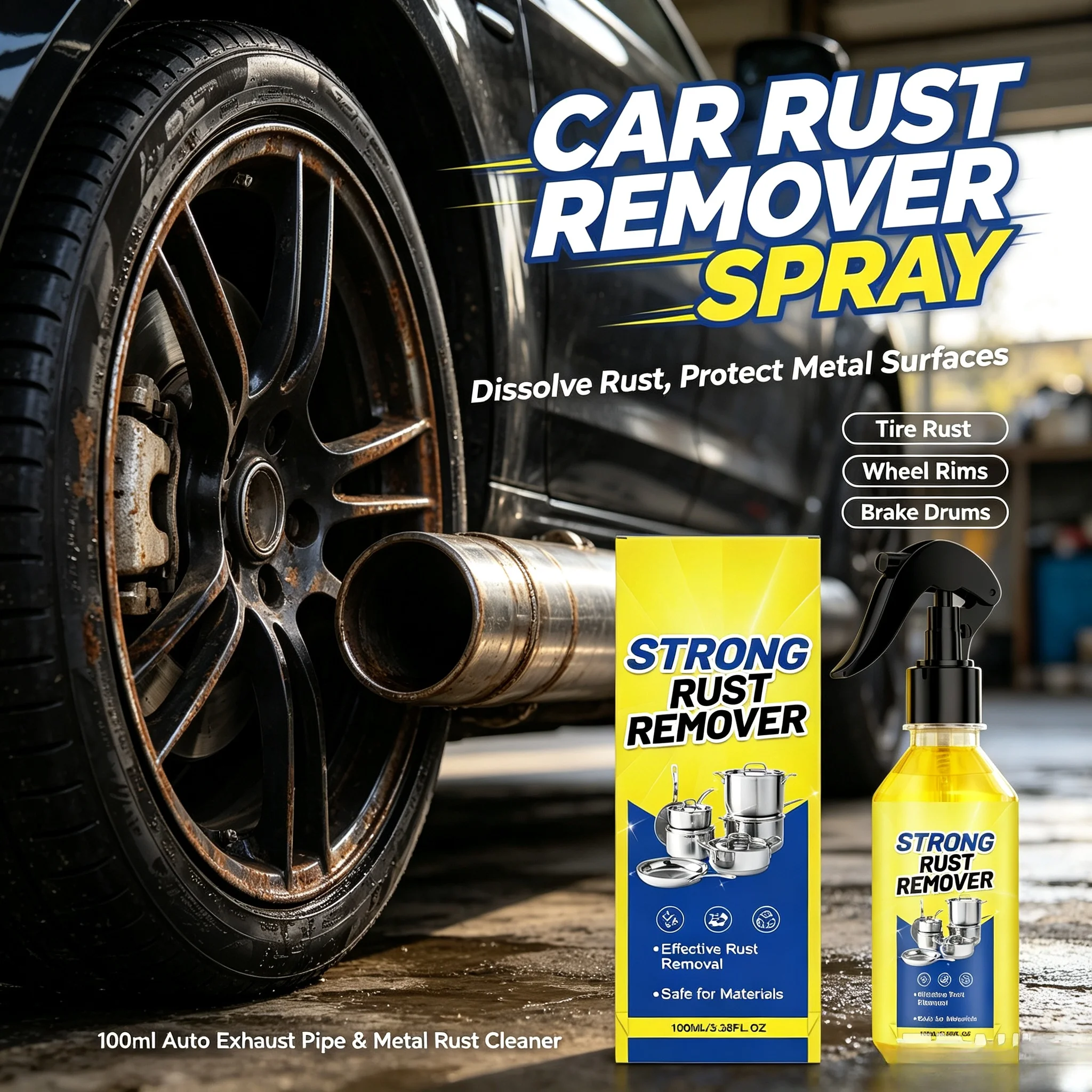 Car Rust Remover Spray Clean Metal Iron Dissolve Tire Rust Protect Wheel Rims For Auto Home Metal Surfaces Rust Derusting Spray
