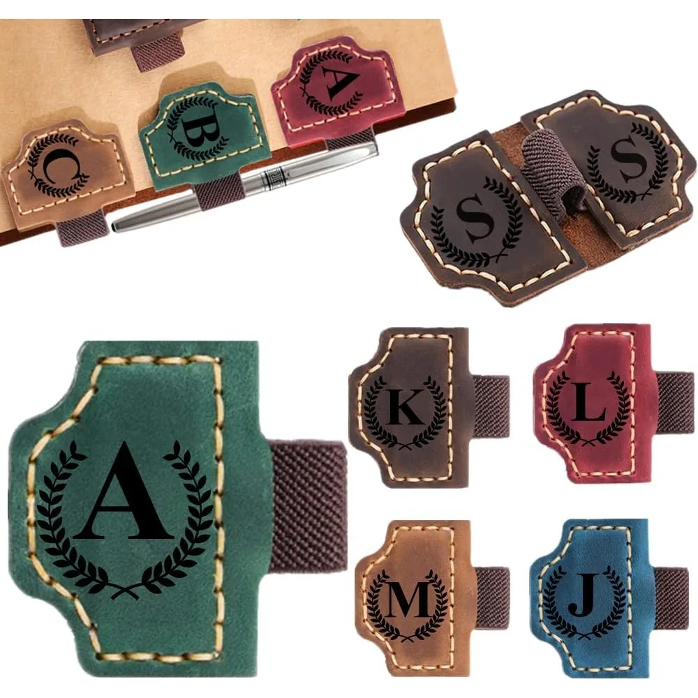 

Custom Bookmark with Pen Holder with 26 Letters Personalized Magnetic Leather Book Mark, Customized Name Book Marker Clip with I