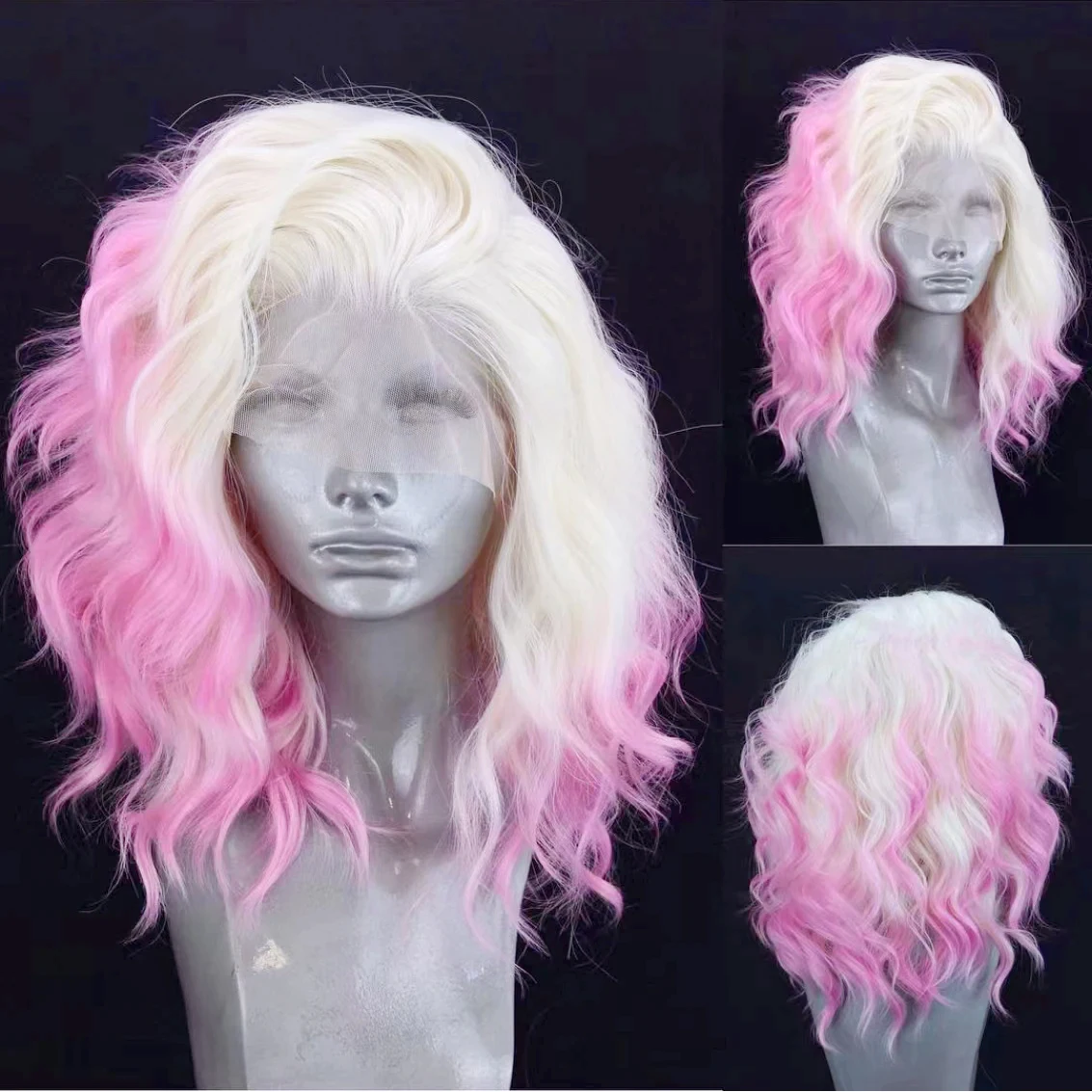 AIMEYA Synthetic Lace Front Wigs Short Bob Wig for Women Platinum Blonde Synthetic Lace Wig Blue Ombre Pink Short BOB Wig