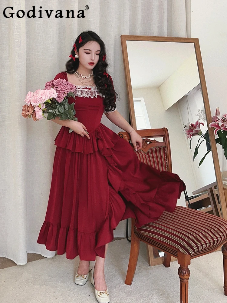 

Womens Spring Summer Short-sleeved Square Neck Lace Red and Blue Retro Fishbone High Waist Bow Puff Sleeve Princess Long Dress