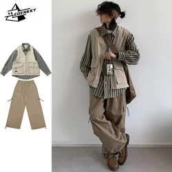 Harajuku Preppy Set Men Striped Fake Two Pieces Vest Shirt Coats+Vintage Drawstring Baggy Cargo Pants Autumn Street Couple Suits