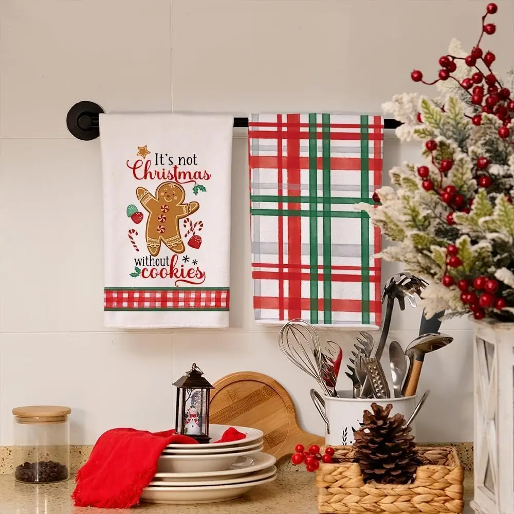 2PCS Christmas Dish Towels for Christmas Decor Red Kitchen Towels 18x26 Inch Gingerbread Man Washcloths Seasonal Hand Towel