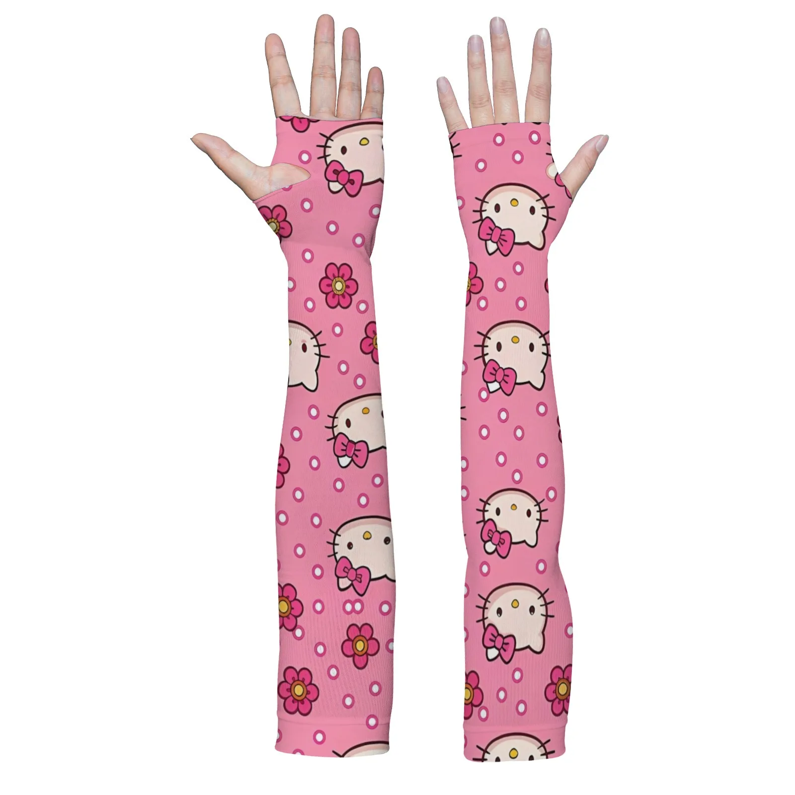 Novedosas mangas de brazo con estampado de dibujos animados de Hello Kitty, protección UV transpirable de seda de hielo rosa claro para la moda diaria y al aire libre
