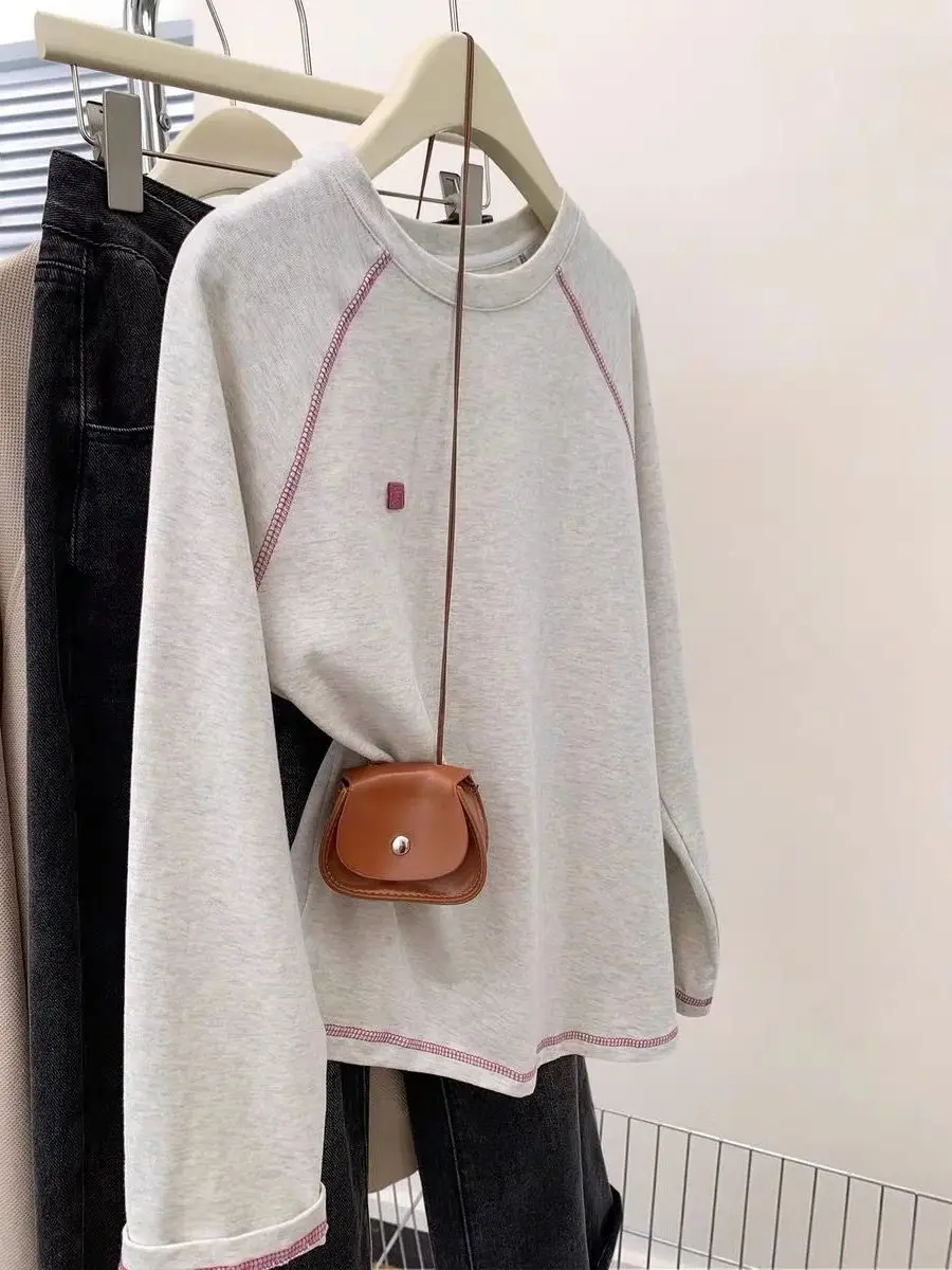 Felpa lunga Sve retrò americana color blo, vestibilità ampia, pullover rotondo Ne per donna, primavera autunno, versatile e confortevole