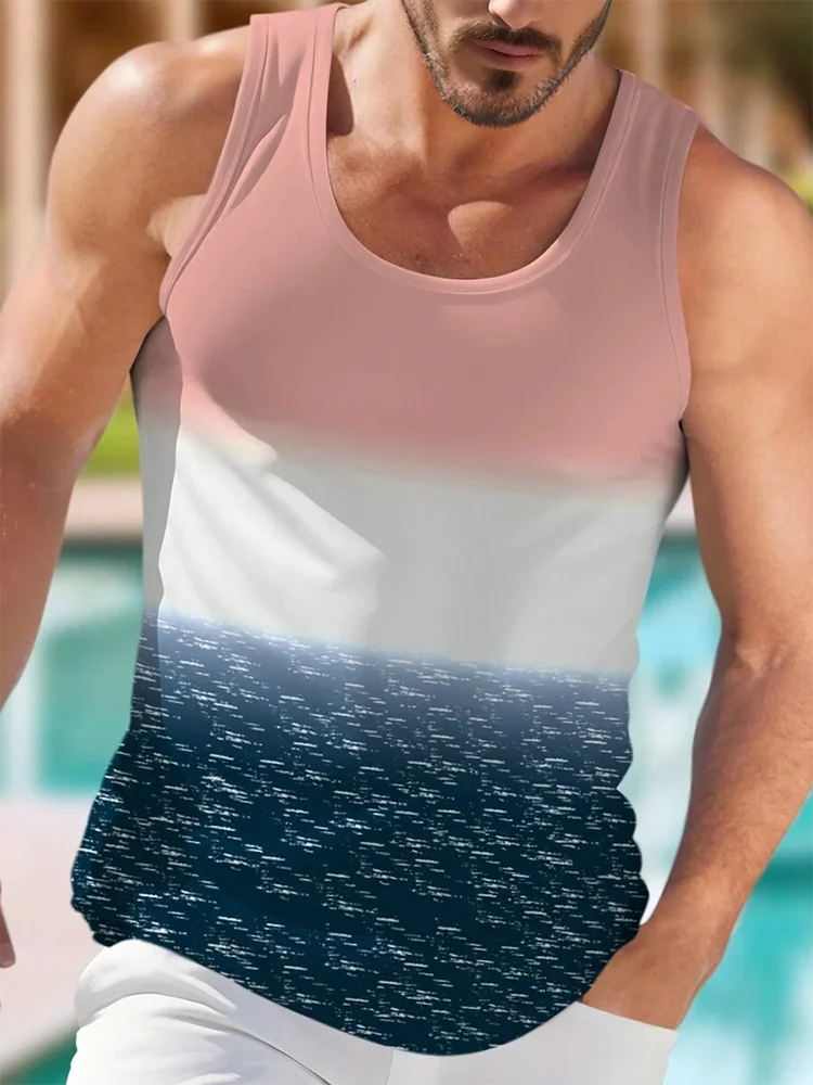 Men's Tank Tops Fashion 3D Gradient Print Sleeveless T-Shirts Casual O-neck Sports Singlets Summer