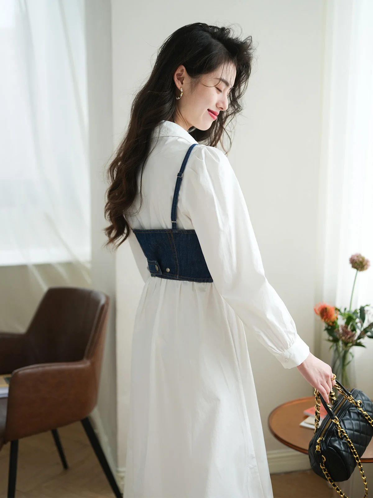 

Spring New Design Denim Wrap irt Vest Dr Two-Piece Set Ele OL Sle High Waist Single Button Long Sve Midi Skirt