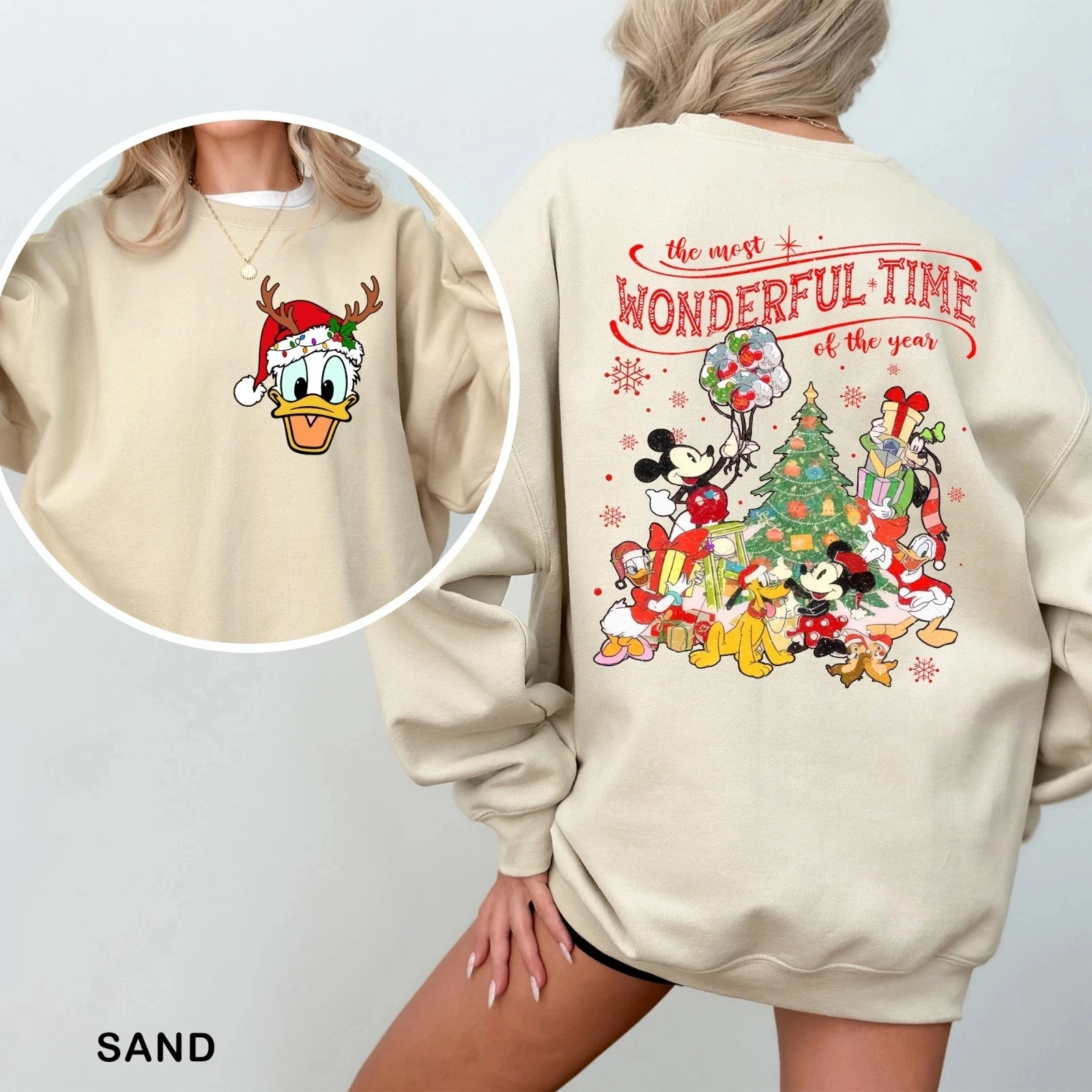 Sweat-shirt de noël avec personnages Disney, devant et dos, pull unisexe à col rond, Disney