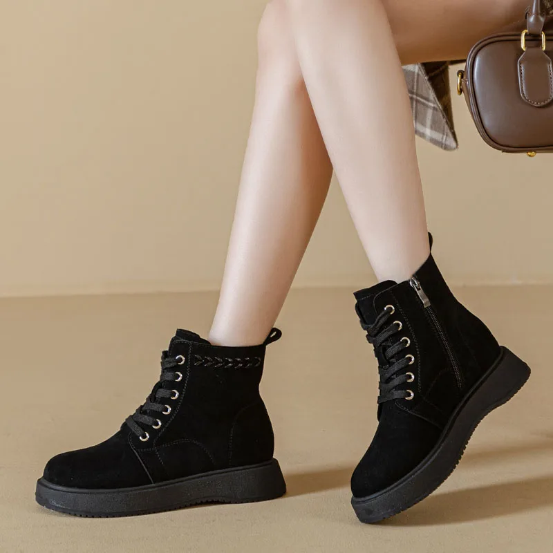 DRKANOL New Design Women Ankle Boots Autumn Winter Plush Warm Snow Boots Round Toe Cow Suede Leather Platform Flat Short Boots