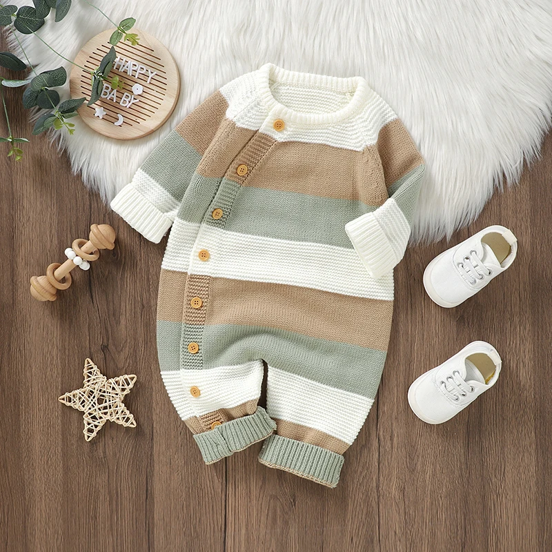 Baby Sweater Jumpsuit Long Sleeve Button Down Striped Knitted Romper Boys Girls 3 6 12 18 Months Fall Winter Clothes