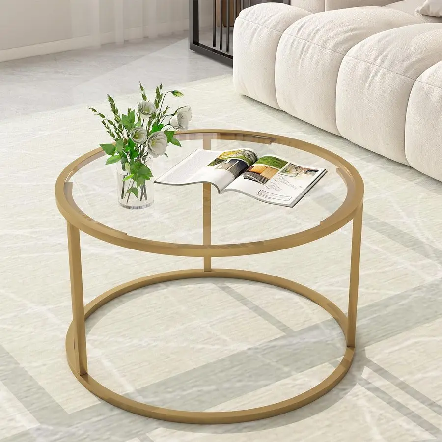 

Coffee Table,Round Gold Coffee Table for Small Space,27 Modern Center Table,Glass Top Clear Coffee Table with Sturdy Metal Frame