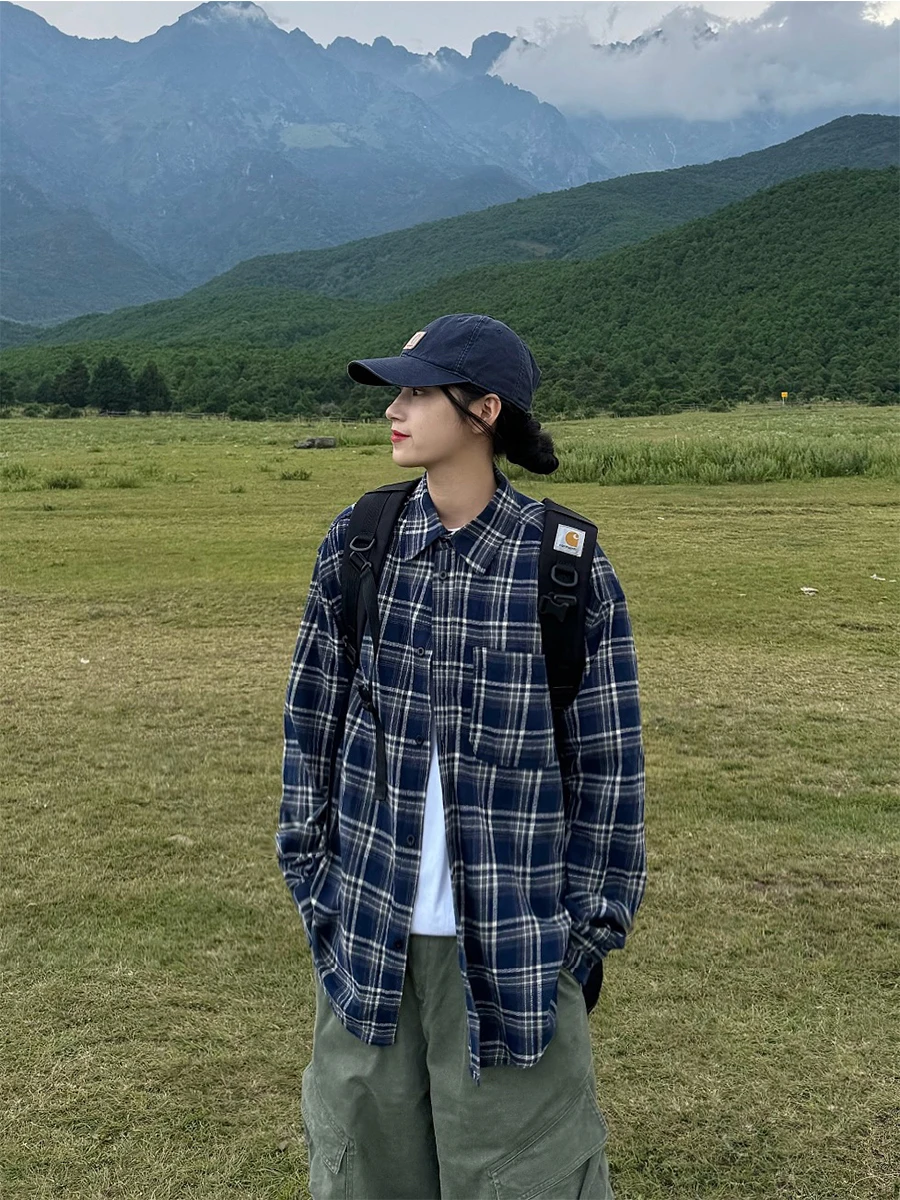 

Spring Autumn Plaid Loose Long Sve Women's irt Classic American Retro Sle Faion Brand Casual Cotton Cheered Top