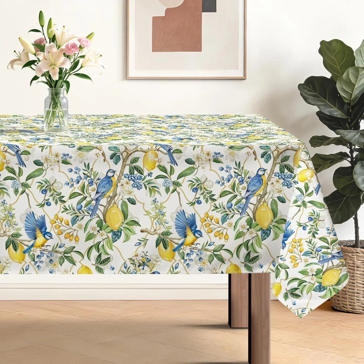 Summer Lemon Blue Floral Birds Rectangle Tablecloth for Table Decor Washable Farmhouse Kitchen Table Cloth Holiday Party Decor