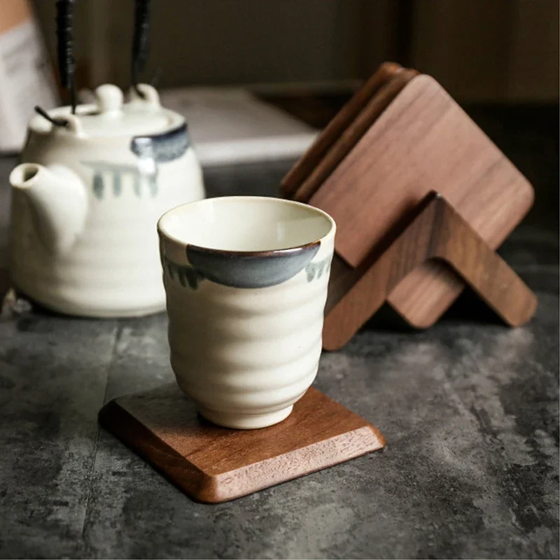 6Pcs Wood Coaster Set with Holder Square Wooden Drink Coasters Cup Mats Black Walnut Coffee Coaster Placemats Table Accessories