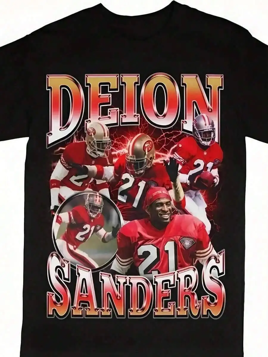 Deion Sanders Football Graphic T-Shirt - Black Retro Style, Soft Stretch, For Daily & Workouts, Wear Tee 100% Cotton Trendy Y2K