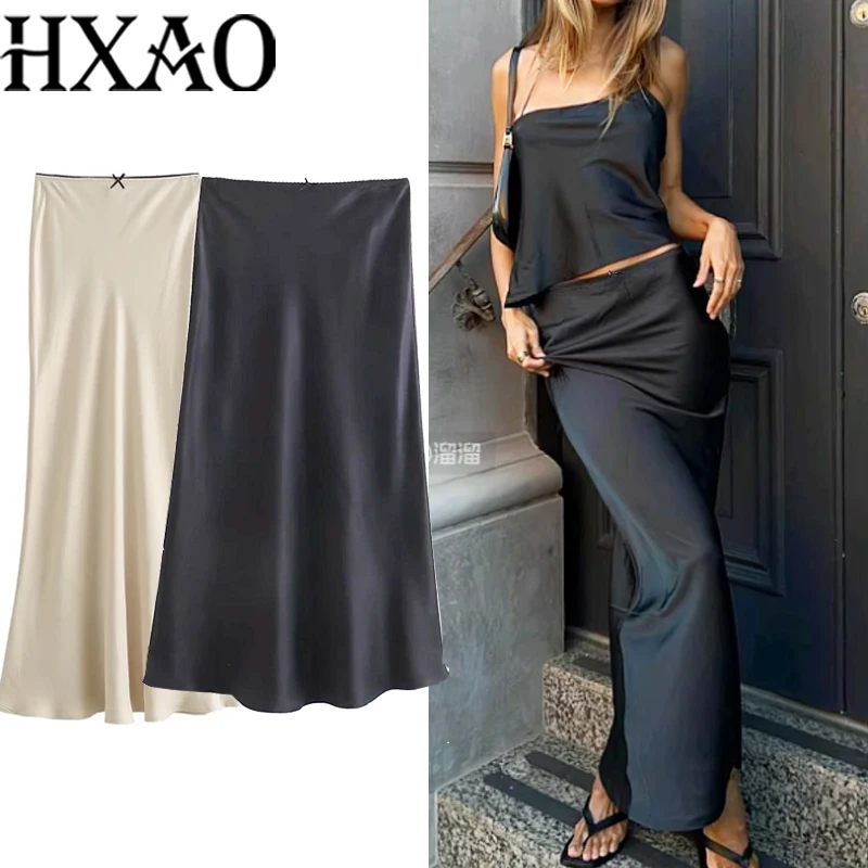 HXAO Bow Long Skirts For Woman Summer Black Satin Skirt Women High Waist Midi Flare Skirt Beige Smooth Elegant Female Skirt