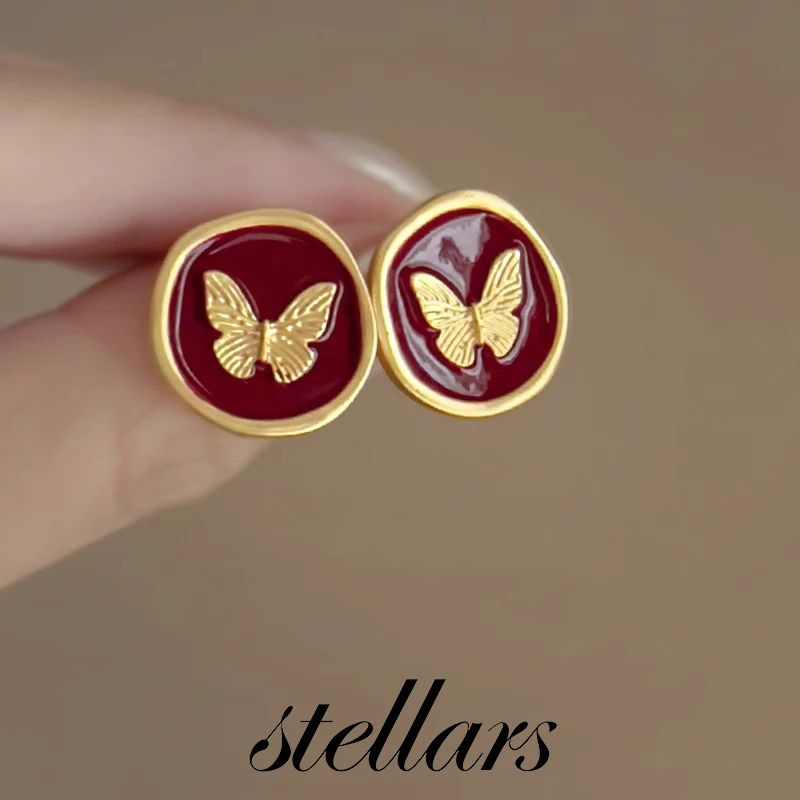 

Red Oil Drop Butterfly round Stud Earrings for Women Elegant Unique Niche Fashion High-Value Versatile Jewelry Accessory