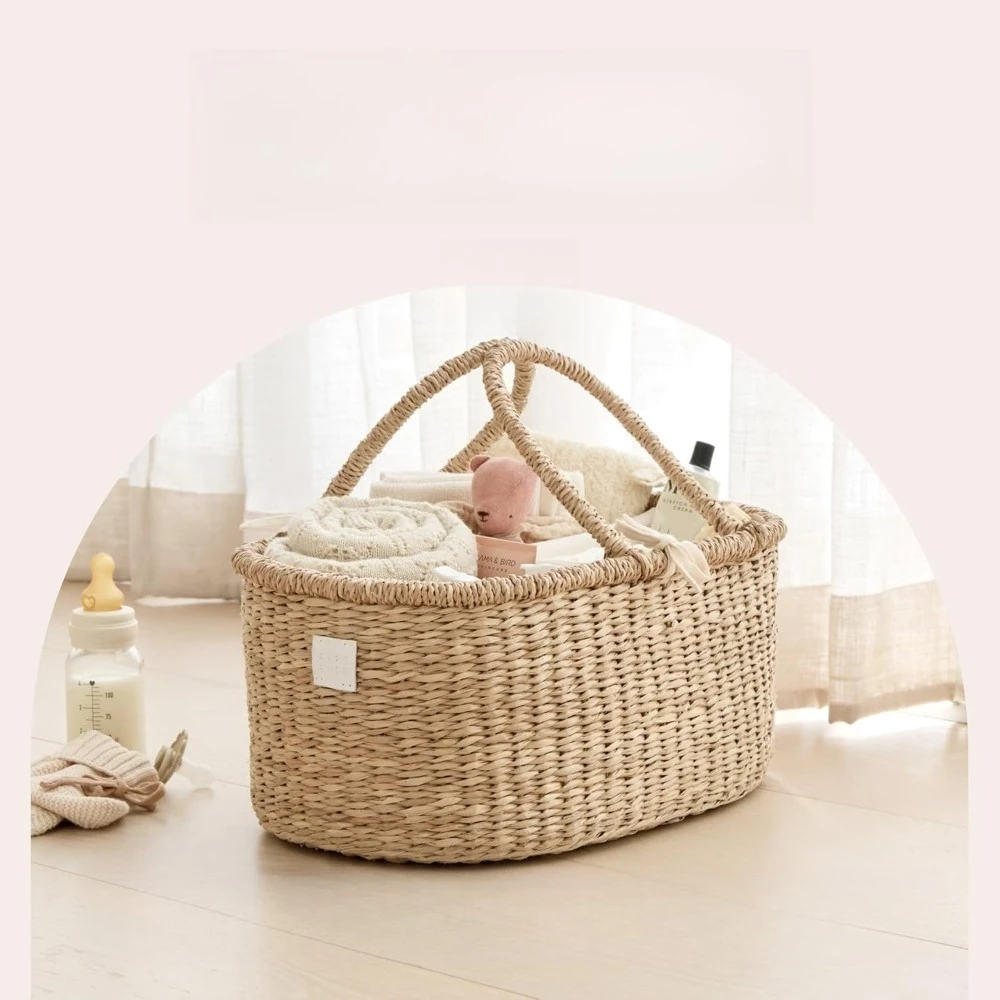 Premium Diaper Caddy Organizer Seagrass Basket with Cotton Divider Nursery Storage Basket for Baby Shower Gift