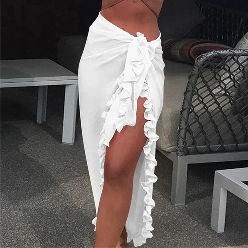 Women Chiffon See-Through Beach Bikini Cover Up Wrap Scarf Swimwear Dress Solid Ruffle Casual Beach Dress