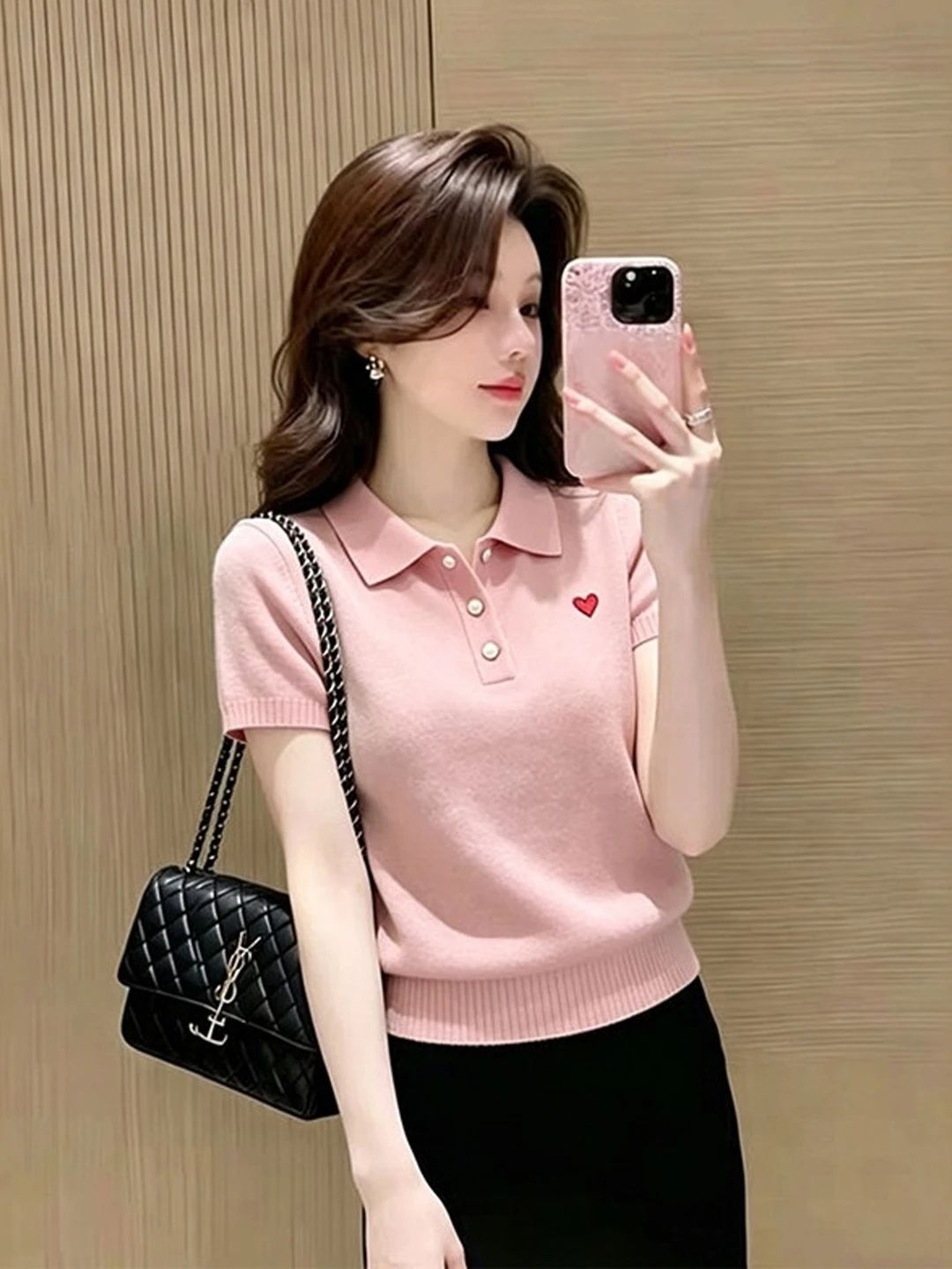 

Slimming Large Size Summer New Style Pink Neck Short Sleeve Knitted T-Shirt Women's Fashionable Versatile Korean Style C...