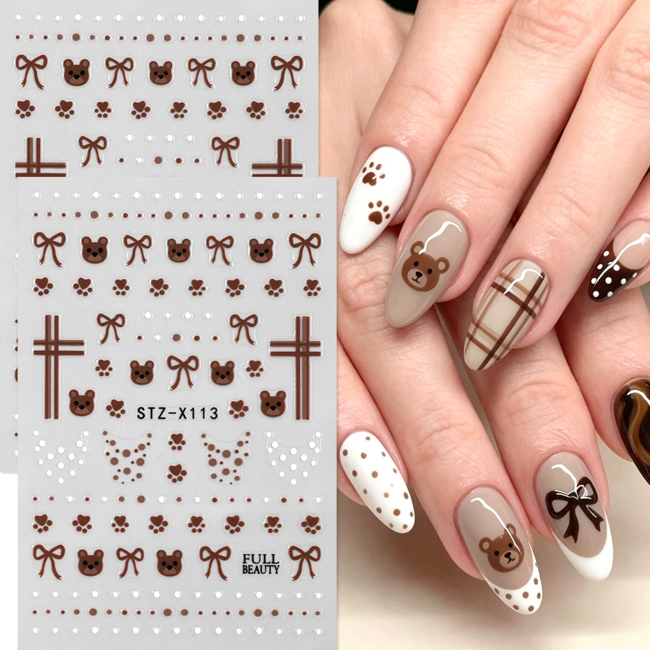 2pcs Brown Bear Bow Plaid Polka Dot Nail Art Stickers Ribbon Little Bear Paw Nail Decals Fall Winter Nail  DIY Nail Supplies